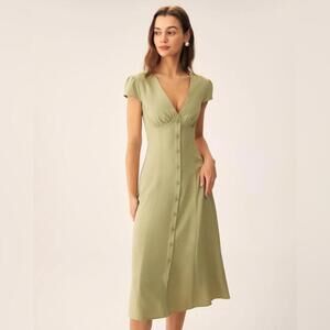 RIHOAS Green V-Neck Button Midi Dress XS